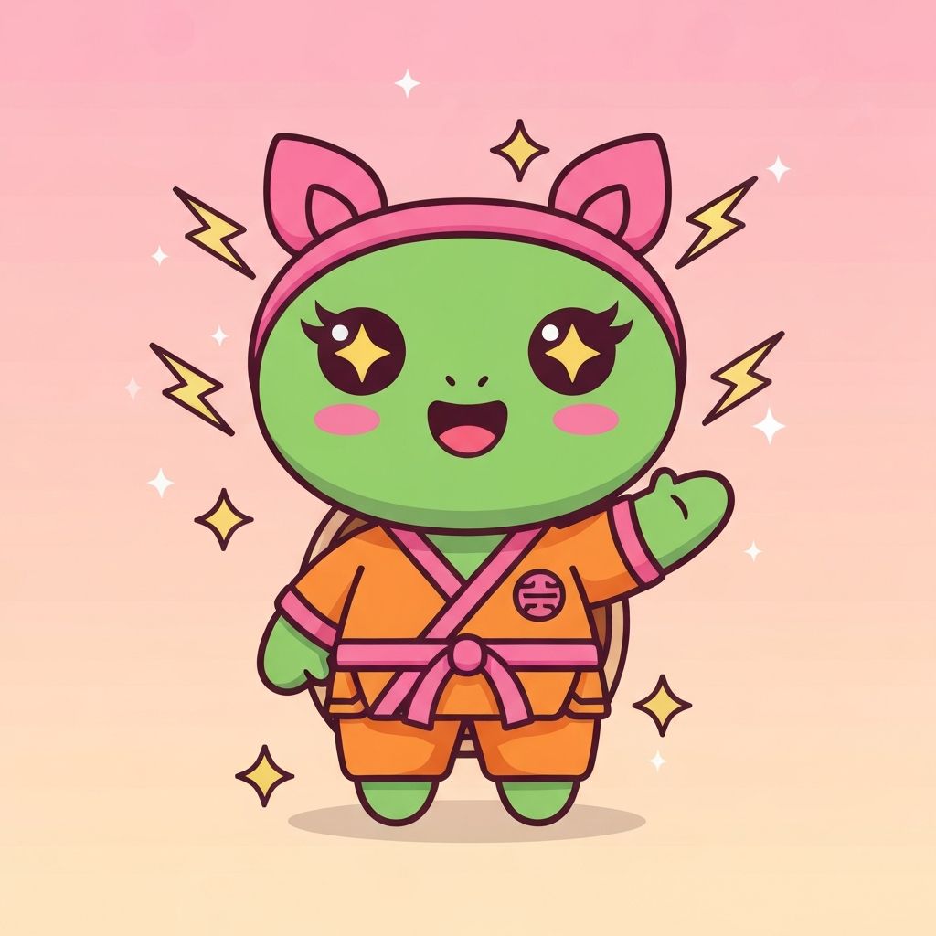 Torty mascot in orange gi with pink accents, ready to teach the starter course